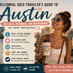 Solo female traveler overlooking the Austin skyline at sunset with Lady Bird Lake in the foreground, featuring wellness activities, vintage shopping, Barton Springs, East Austin art, and the famous bat emergence. A vibrant and modern travel banner promoting safe, stylish, and independent solo travel experiences in Austin for Millennial and Gen Z women, branded for MySittiVacations.