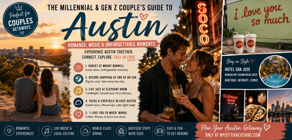 Romantic Austin travel banner featuring a young couple enjoying nightlife and sunset views, with highlights of Mount Bonnell, South Congress, live jazz, boutique hotels, tacos, cocktails, and iconic Austin attractions for Millennial and Gen Z couples.