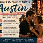 Romantic Austin travel banner featuring a young couple enjoying nightlife and sunset views, with highlights of Mount Bonnell, South Congress, live jazz, boutique hotels, tacos, cocktails, and iconic Austin attractions for Millennial and Gen Z couples.
