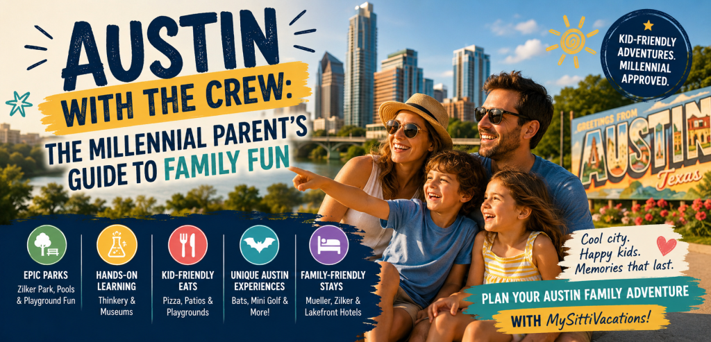 Happy millennial family enjoying an Austin vacation with the city skyline, parks, museums, and kid-friendly attractions featured in a colorful family travel blog banner by MySittiVacations.