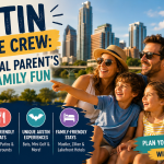 Happy millennial family enjoying an Austin vacation with the city skyline, parks, museums, and kid-friendly attractions featured in a colorful family travel blog banner by MySittiVacations.