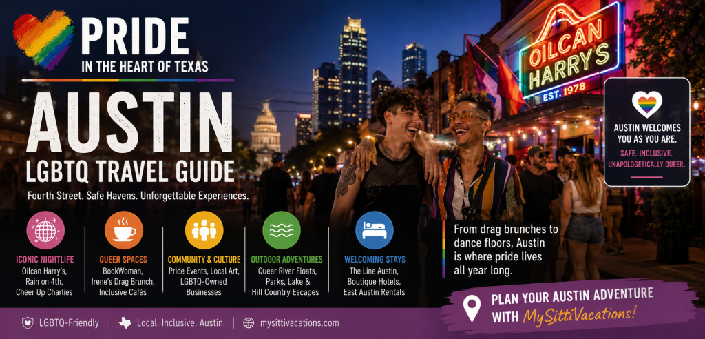 Infographic for Austin LGBTQ travel guide by MySittiVacations featuring a laughing couple on 4th Street near the Oilcan Harry's neon sign, highlighting nightlife, queer spaces, and welcoming stays.