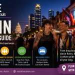 Infographic for Austin LGBTQ travel guide by MySittiVacations featuring a laughing couple on 4th Street near the Oilcan Harry's neon sign, highlighting nightlife, queer spaces, and welcoming stays.