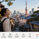 Solo female traveler exploring a peaceful traditional Tokyo street with cherry blossoms, Japanese lanterns, and Tokyo Tower in the background, promoting safe solo travel experiences, women-only stays, and cultural exploration in Tokyo, Japan.