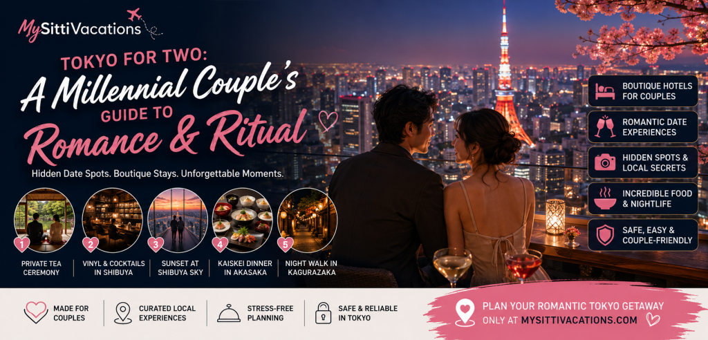 A millennial couple enjoying wine with a panoramic view of the illuminated Tokyo skyline and Tokyo Tower at night. A MySittiVacations banner highlights a romantic Tokyo getaway guide featuring hidden date spots, boutique hotels, a private tea ceremony, Shibuya vinyl bars, Shibuya Sky sunsets, Akasaka kaiseki dinners, and Kagurazaka night walks.