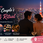 A millennial couple enjoying wine with a panoramic view of the illuminated Tokyo skyline and Tokyo Tower at night. A MySittiVacations banner highlights a romantic Tokyo getaway guide featuring hidden date spots, boutique hotels, a private tea ceremony, Shibuya vinyl bars, Shibuya Sky sunsets, Akasaka kaiseki dinners, and Kagurazaka night walks.