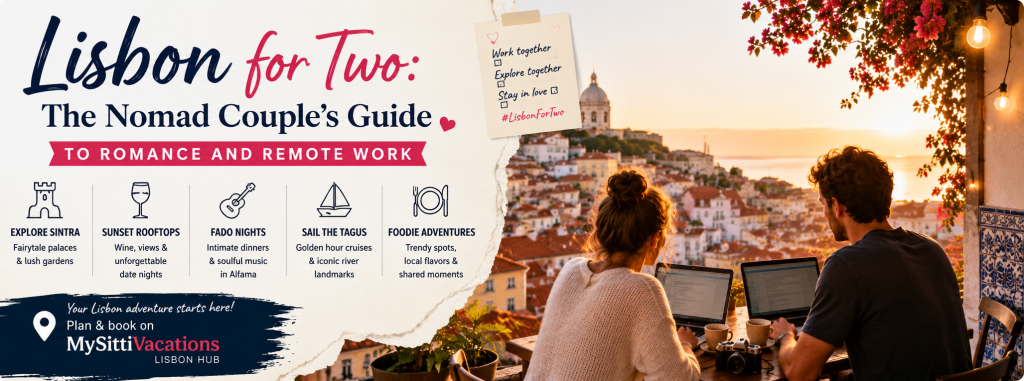 Digital nomad couple working remotely from a rooftop café in Lisbon during sunset with panoramic city views, laptops, and romantic travel atmosphere.