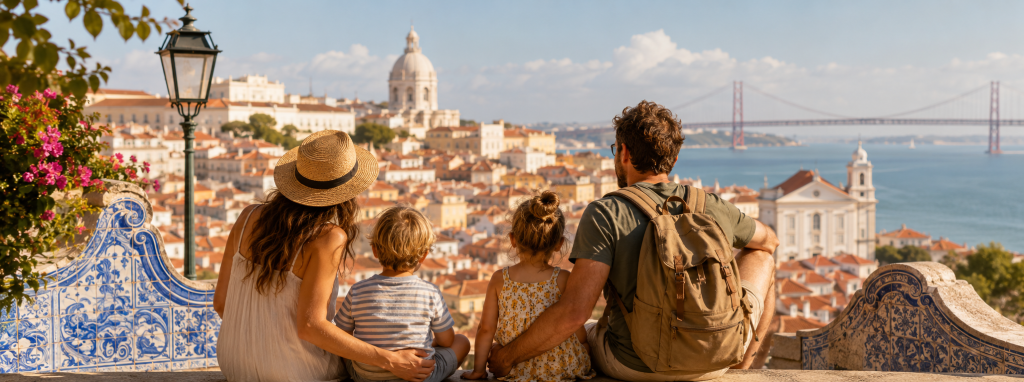 Millennial family enjoying slow travel in Lisbon with kids walking through a sunlit plaza near colorful Portuguese buildings and tram lines.