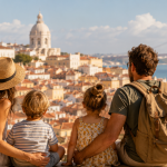 Millennial family enjoying slow travel in Lisbon with kids walking through a sunlit plaza near colorful Portuguese buildings and tram lines.