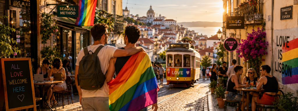 LGBTQ couple walking through a vibrant Lisbon street at sunset with rainbow flags, cafés, and iconic yellow tram in the background.