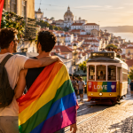 LGBTQ couple walking through a vibrant Lisbon street at sunset with rainbow flags, cafés, and iconic yellow tram in the background.