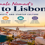 Solo female digital nomad overlooking Lisbon at sunset with city rooftops, the Tagus River, and the 25 de Abril Bridge in the background, promoting slow travel and startup culture in Portugal.