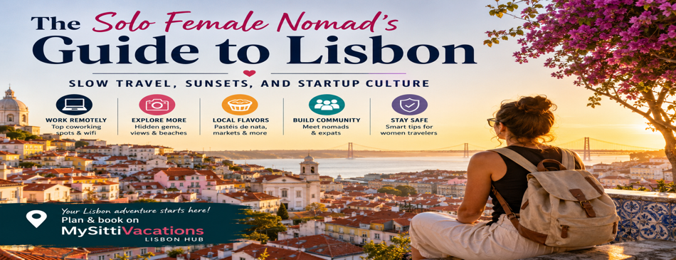 Solo female digital nomad overlooking Lisbon at sunset with city rooftops, the Tagus River, and the 25 de Abril Bridge in the background, promoting slow travel and startup culture in Portugal.