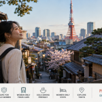 Solo female traveler exploring a peaceful traditional Tokyo street with cherry blossoms, Japanese lanterns, and Tokyo Tower in the background, promoting safe solo travel experiences, women-only stays, and cultural exploration in Tokyo, Japan.