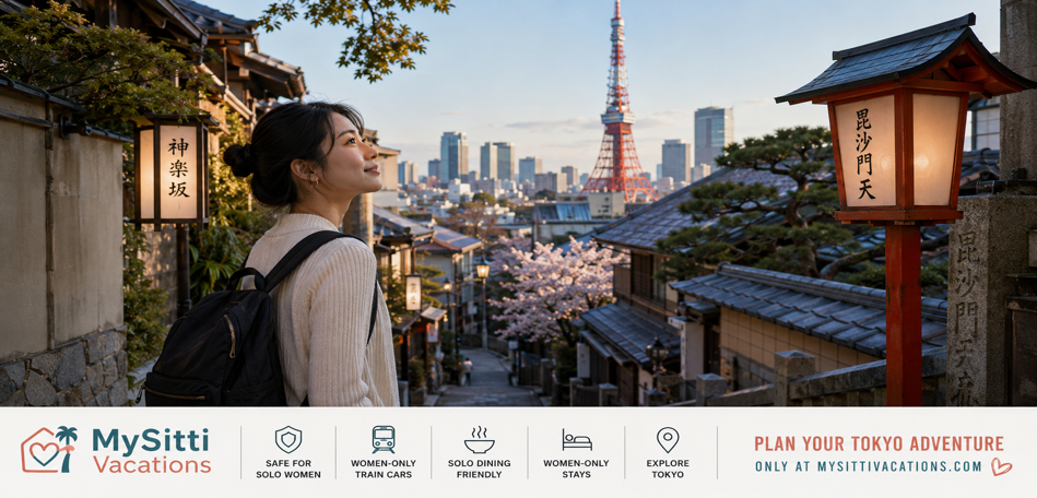 Solo female traveler exploring a peaceful traditional Tokyo street with cherry blossoms, Japanese lanterns, and Tokyo Tower in the background, promoting safe solo travel experiences, women-only stays, and cultural exploration in Tokyo, Japan.