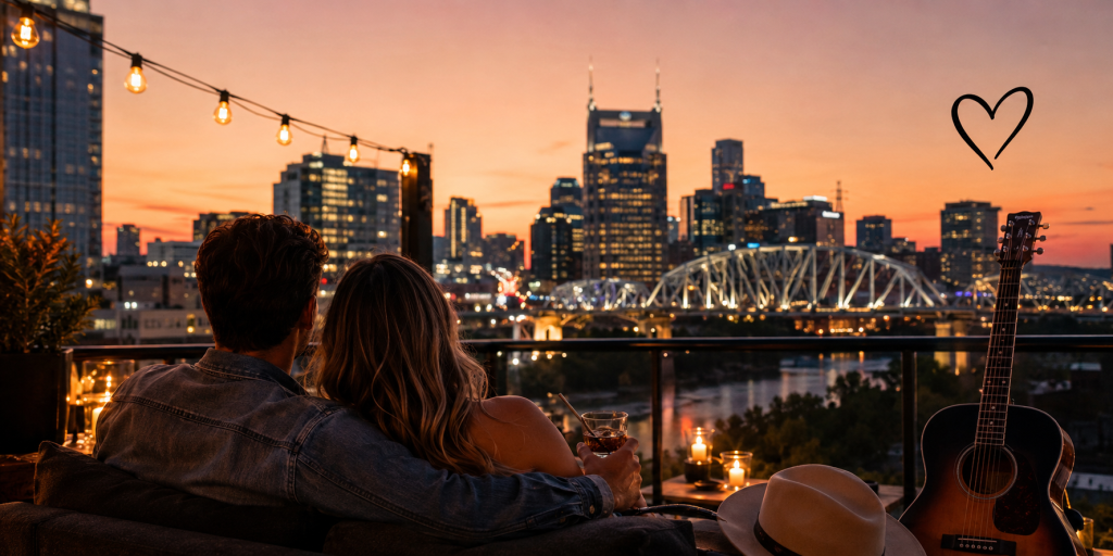 Millennial couple enjoying a romantic rooftop evening overlooking the Nashville skyline at sunset with city lights, candles, and live music vibes.