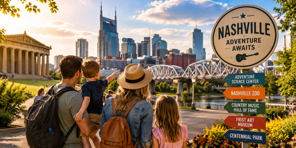 Family exploring Nashville attractions with the city skyline, Centennial Park Parthenon, and kid-friendly destinations during a sunny day.