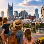 Family exploring Nashville attractions with the city skyline, Centennial Park Parthenon, and kid-friendly destinations during a sunny day.