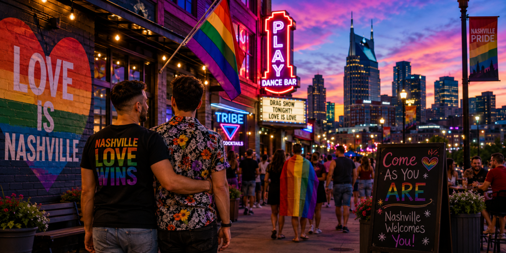 LGBTQ travelers enjoying Nashville’s vibrant nightlife district with rainbow flags, neon lights, welcoming venues, and the city skyline at sunset.