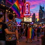 LGBTQ travelers enjoying Nashville’s vibrant nightlife district with rainbow flags, neon lights, welcoming venues, and the city skyline at sunset.