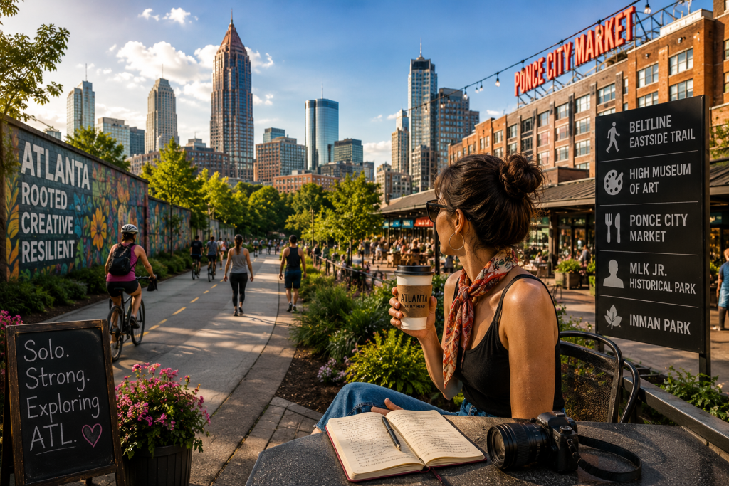 Solo female traveler enjoying coffee along Atlanta’s BeltLine near Ponce City Market, with the city skyline, public art, and vibrant urban atmosphere in the background.