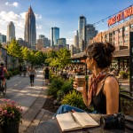Solo female traveler enjoying coffee along Atlanta’s BeltLine near Ponce City Market, with the city skyline, public art, and vibrant urban atmosphere in the background.
