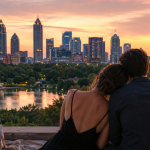 Romantic couple enjoying a sunset view of the Atlanta skyline from a rooftop terrace overlooking a park and lake, with a picnic basket, wine, and lantern creating an intimate atmosphere.