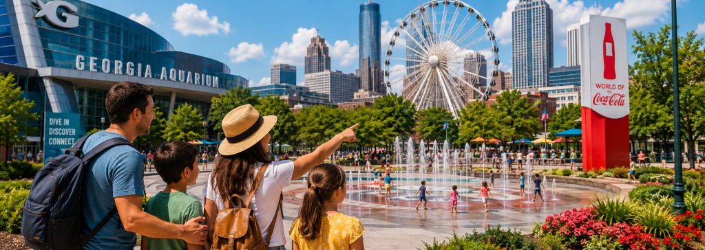Family of four enjoying Atlanta attractions near Centennial Olympic Park with views of the Georgia Aquarium, SkyView Ferris wheel, World of Coca-Cola, fountains, and downtown skyline on a sunny day.