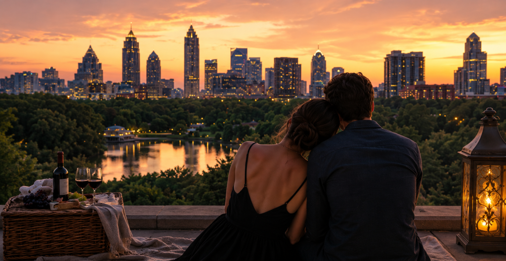 Romantic couple enjoying a sunset view of the Atlanta skyline from a rooftop terrace overlooking a park and lake, with a picnic basket, wine, and lantern creating an intimate atmosphere.