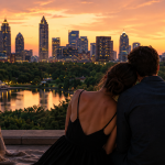 Romantic couple enjoying a sunset view of the Atlanta skyline from a rooftop terrace overlooking a park and lake, with a picnic basket, wine, and lantern creating an intimate atmosphere.
