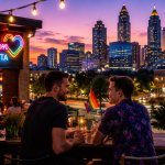 Two people enjoying drinks at a rooftop bar in Atlanta with Pride flags, neon signs, colorful decor, and a stunning sunset skyline view, highlighting the city's vibrant LGBTQ-friendly nightlife.