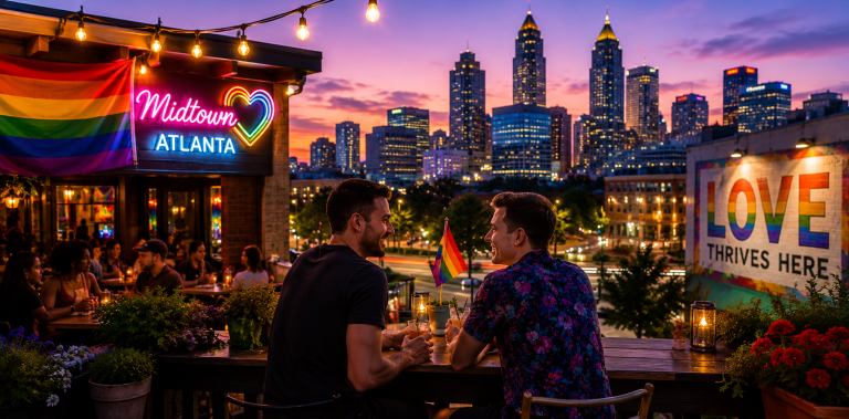 Two people enjoying drinks at a rooftop bar in Atlanta with Pride flags, neon signs, colorful decor, and a stunning sunset skyline view, highlighting the city's vibrant LGBTQ-friendly nightlife.