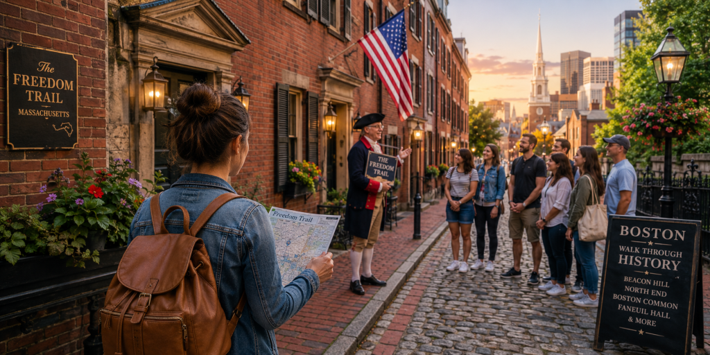 Solo female traveler holding a Freedom Trail map while joining a guided historical walking tour through Boston's Beacon Hill district, featuring cobblestone streets, red-brick buildings, colonial architecture, and a costumed guide leading visitors at sunset.