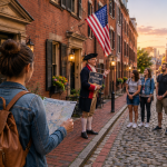 Solo female traveler holding a Freedom Trail map while joining a guided historical walking tour through Boston's Beacon Hill district, featuring cobblestone streets, red-brick buildings, colonial architecture, and a costumed guide leading visitors at sunset.
