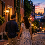 Couple holding hands while walking down a gas-lit cobblestone street in Boston’s historic Beacon Hill district at sunset, surrounded by red-brick buildings, lanterns, and scenic city views.