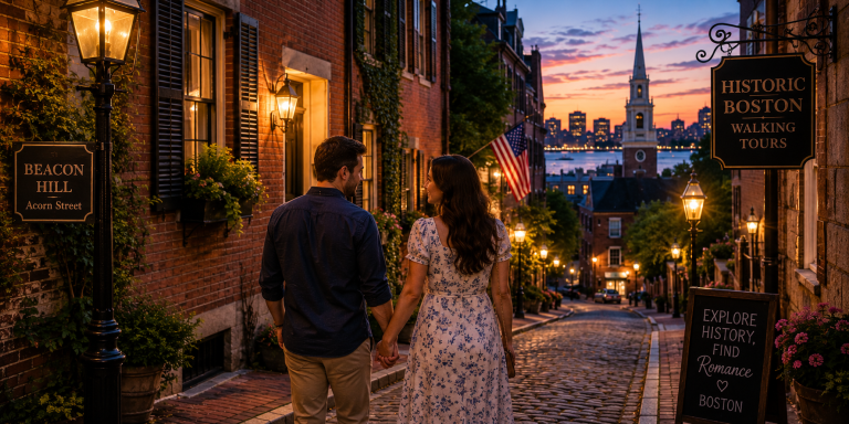 Couple holding hands while walking down a gas-lit cobblestone street in Boston’s historic Beacon Hill district at sunset, surrounded by red-brick buildings, lanterns, and scenic city views.