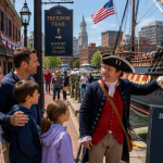 Family of four participating in an interactive historical tour at the Boston Tea Party Ships & Museum, guided by a costumed colonial reenactor beside a historic sailing ship along Boston’s waterfront.