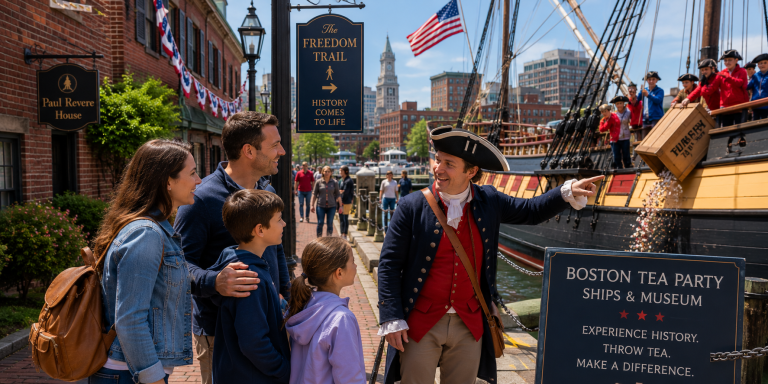 Family of four participating in an interactive historical tour at the Boston Tea Party Ships & Museum, guided by a costumed colonial reenactor beside a historic sailing ship along Boston’s waterfront.