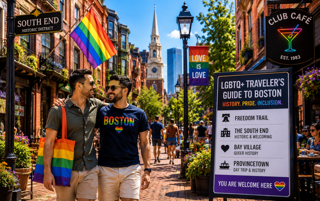 LGBTQ+ couple walking through Boston’s historic South End with Victorian brownstones, rainbow flags, and inclusive cafés on a sunny day.