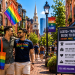 LGBTQ+ couple walking through Boston’s historic South End with Victorian brownstones, rainbow flags, and inclusive cafés on a sunny day.
