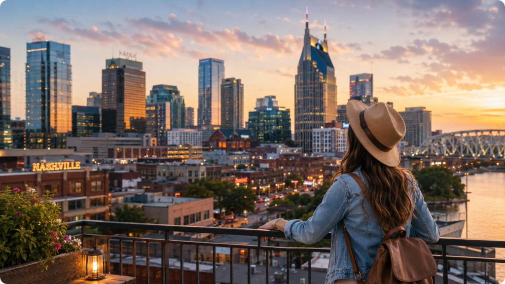 Solo female traveler overlooking the Nashville skyline at sunset from a rooftop terrace, showcasing Music City’s vibrant atmosphere and urban charm.