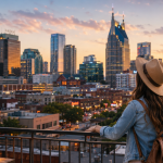 Solo female traveler overlooking the Nashville skyline at sunset from a rooftop terrace, showcasing Music City’s vibrant atmosphere and urban charm.